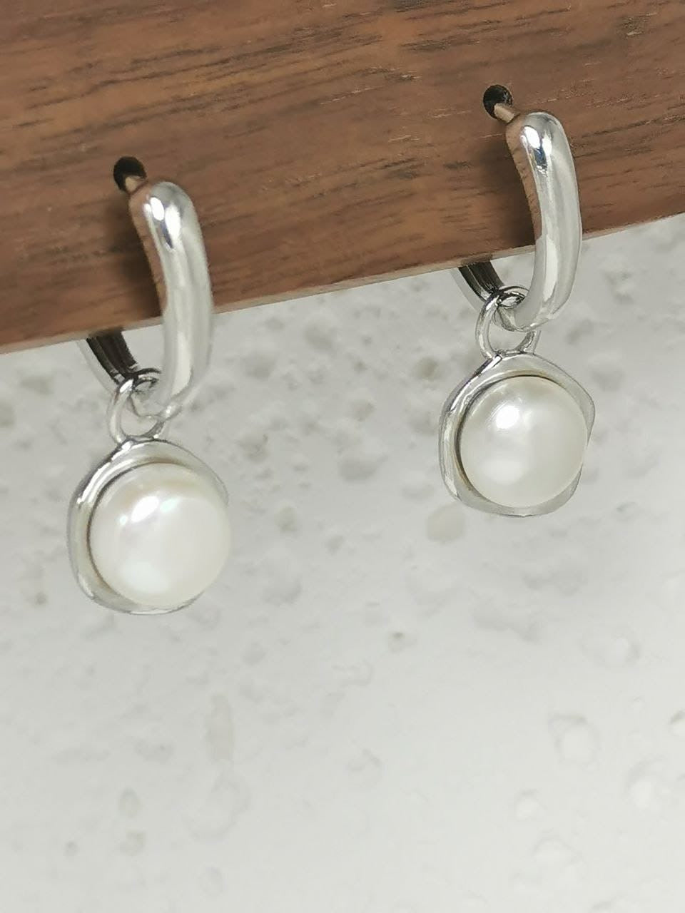 Silver Shelled Pearl Huggies