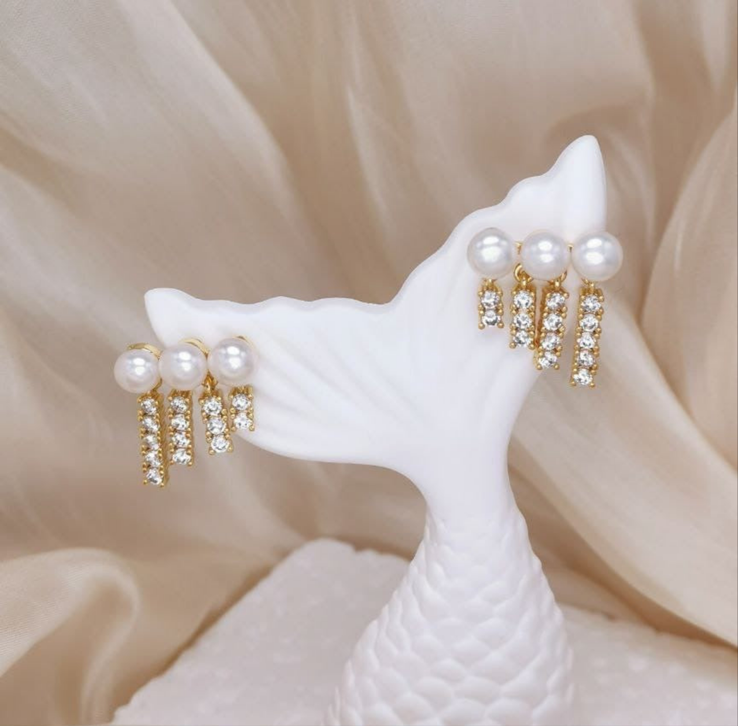 Triple Pearl With Dazzling Casacade Earrings