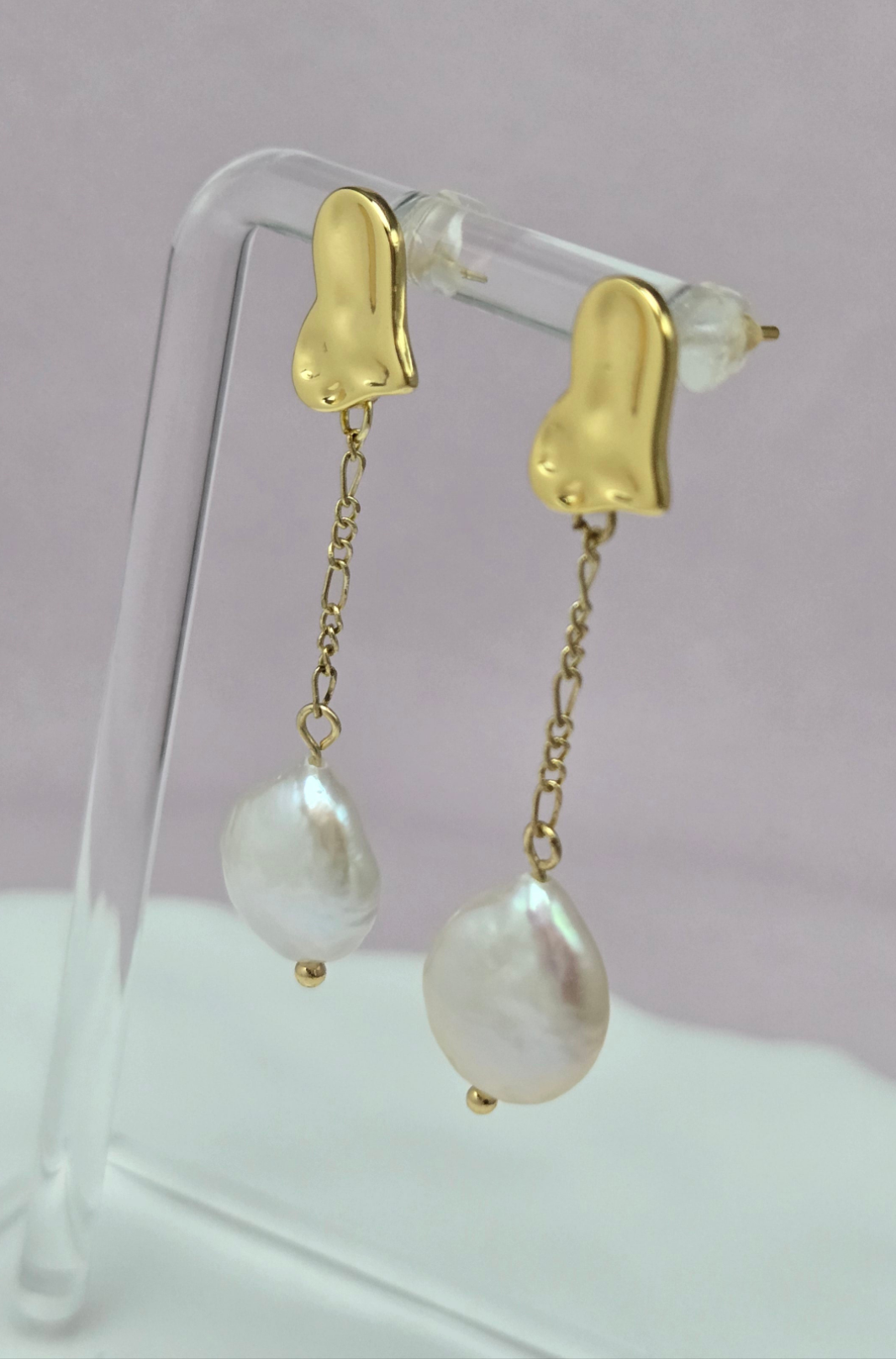Golden Heart Drop Pearl Earrings