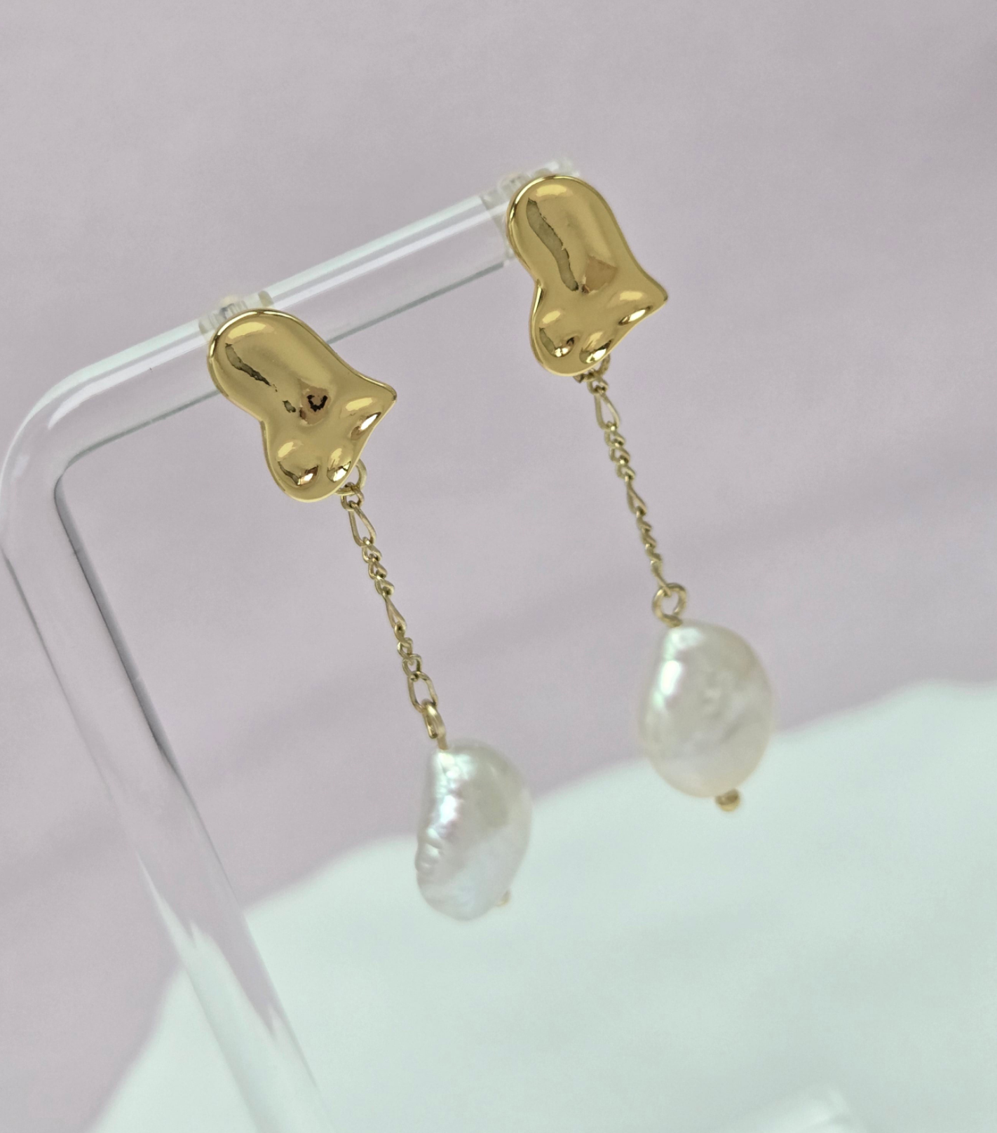 Golden Heart Drop Pearl Earrings