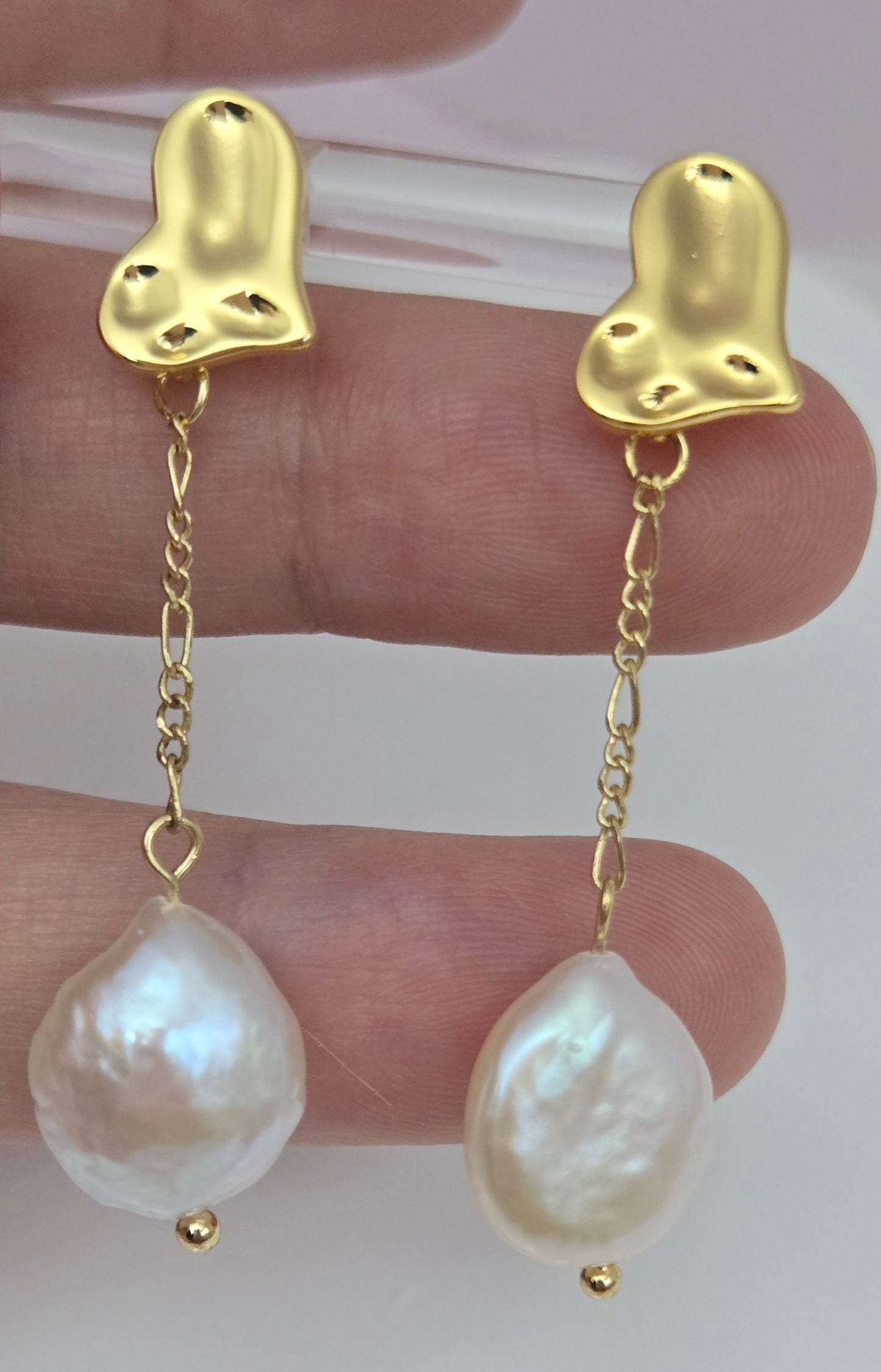 Golden Heart Drop Pearl Earrings
