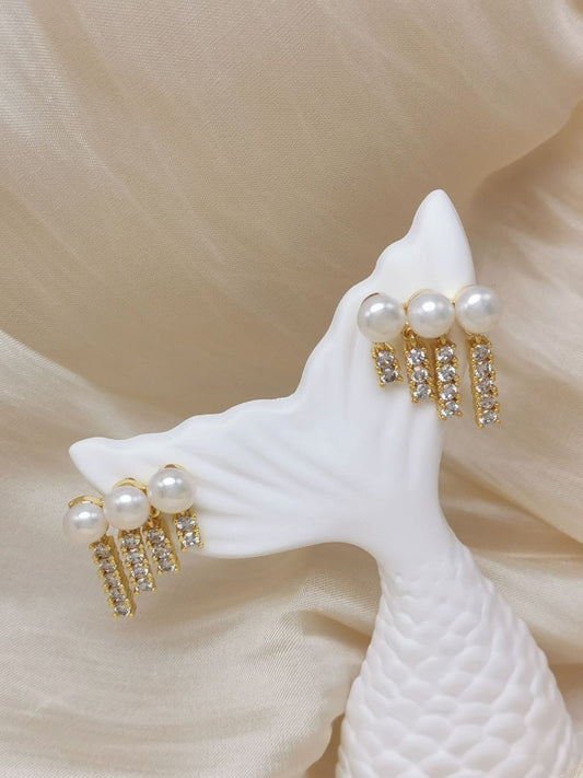Triple Pearl With Dazzling Casacade Earrings